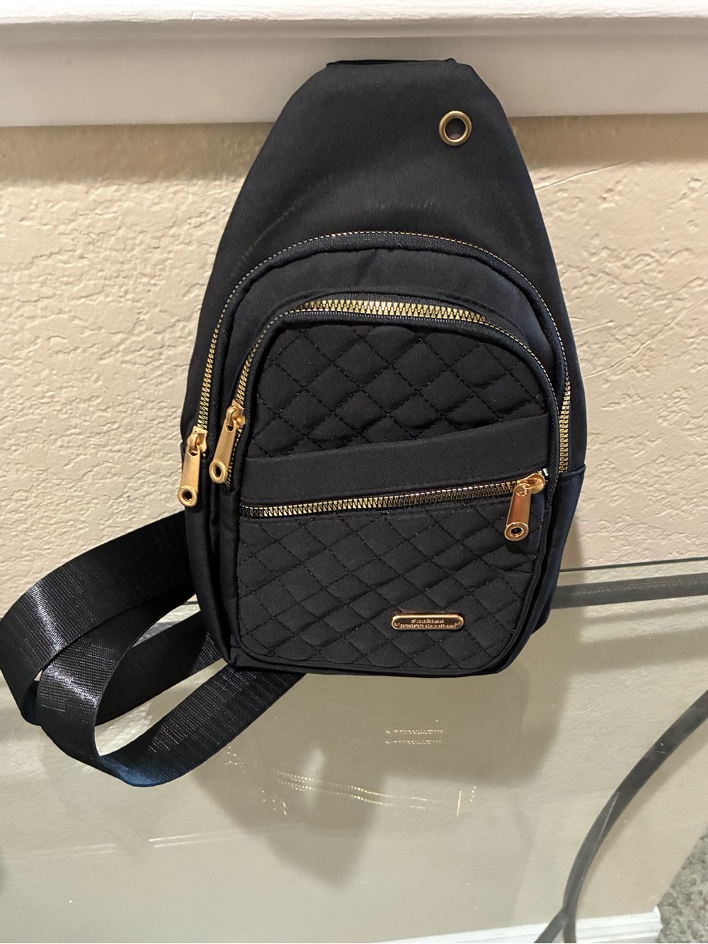 Source Unknown Black Quilted Sling Bag with Gold Hardware